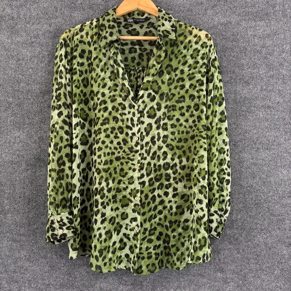 Zara Green Leopard Print Button Down Shirt
